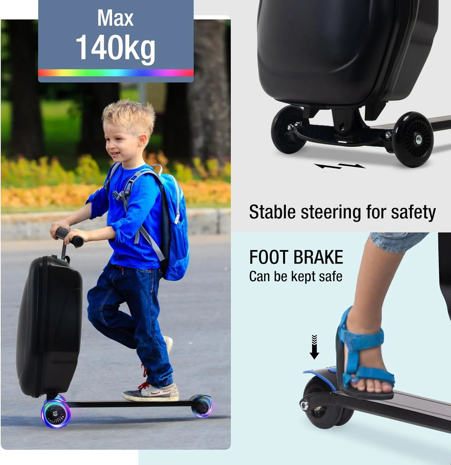 Scooter Luggage for Kids and Adults,Carry On Foldable Suitcase with Wheels,Multifunctional Ride On Trolley Scooter Case Bags (Black with LED)
