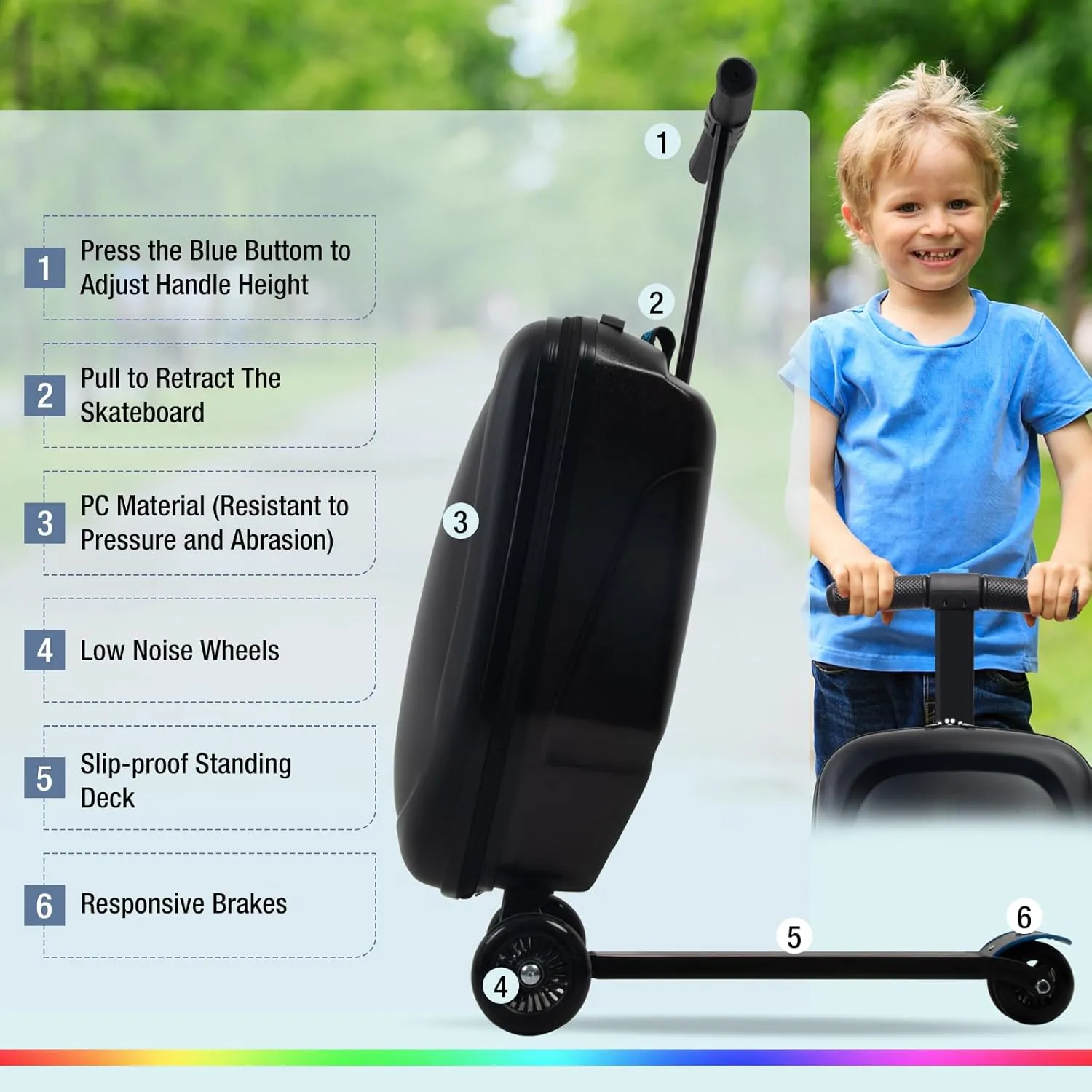 Scooter Luggage for Kids and Adults,Carry On Foldable Suitcase with Wheels,Multifunctional Ride On Trolley Scooter Case Bags (Black with LED)