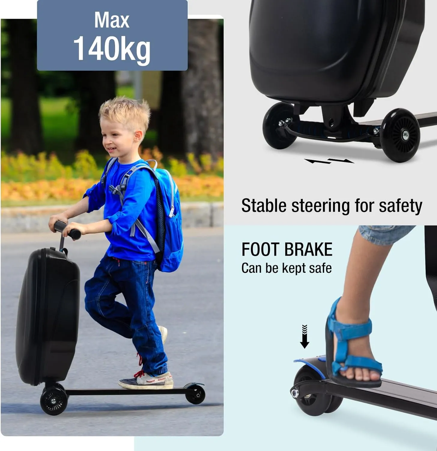 Scooter Luggage for Kids and Adults,Carry On Foldable Suitcase with Wheels,Multifunctional Ride On Trolley Scooter Case Bags (Black)