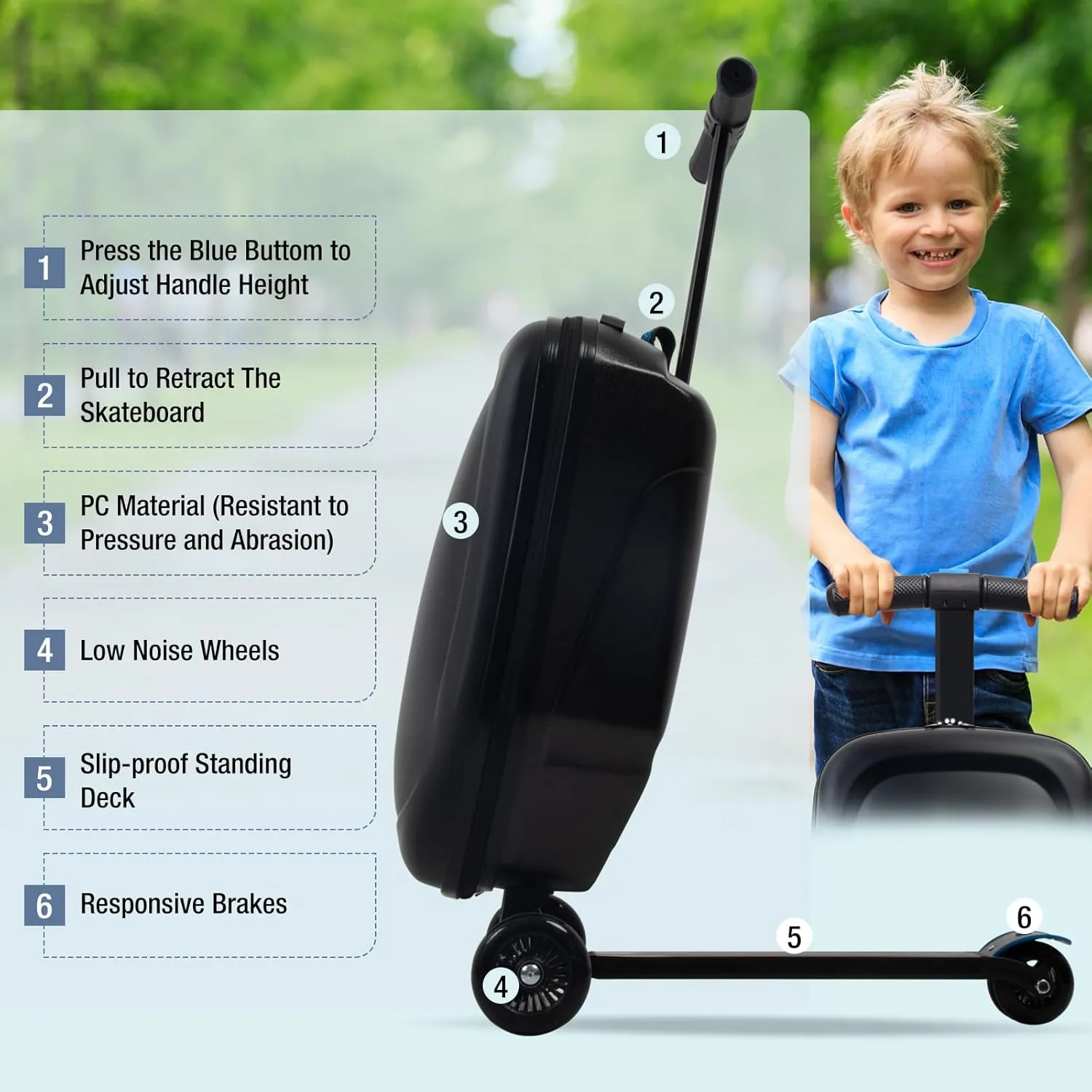 Scooter Luggage for Kids and Adults,Carry On Foldable Suitcase with Wheels,Multifunctional Ride On Trolley Scooter Case Bags (Black)
