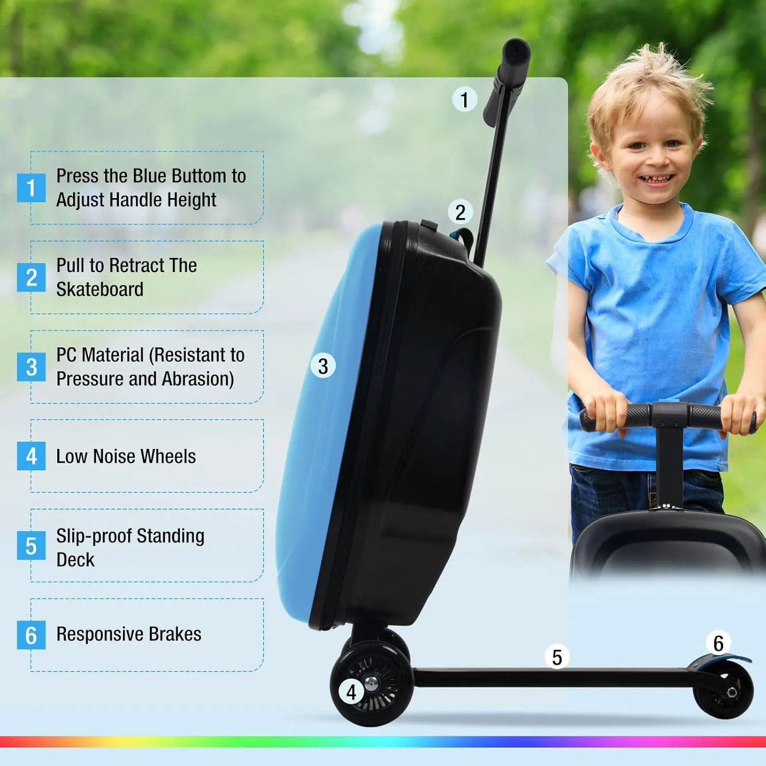 Scooter Luggage for Kids and Adults,Carry On Foldable Suitcase with Wheels,Multifunctional Ride On Trolley Scooter Case Bags (Blue with LED)