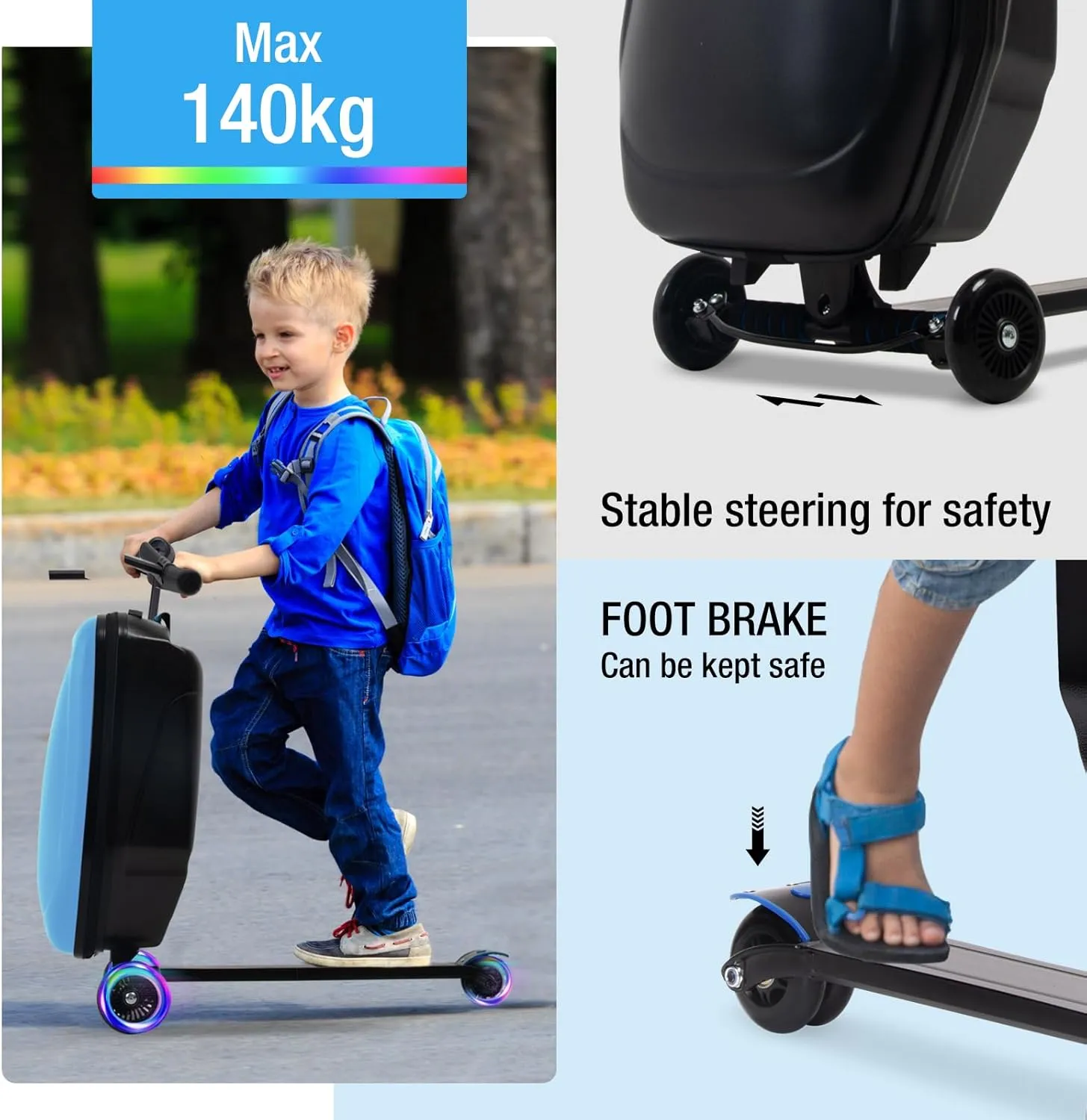 Scooter Luggage for Kids and Adults,Carry On Foldable Suitcase with Wheels,Multifunctional Ride On Trolley Scooter Case Bags (Blue with LED)