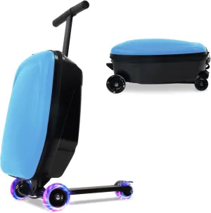 Scooter Luggage for Kids and Adults,Carry On Foldable Suitcase with Wheels,Multifunctional Ride On Trolley Scooter Case Bags (Blue with LED)