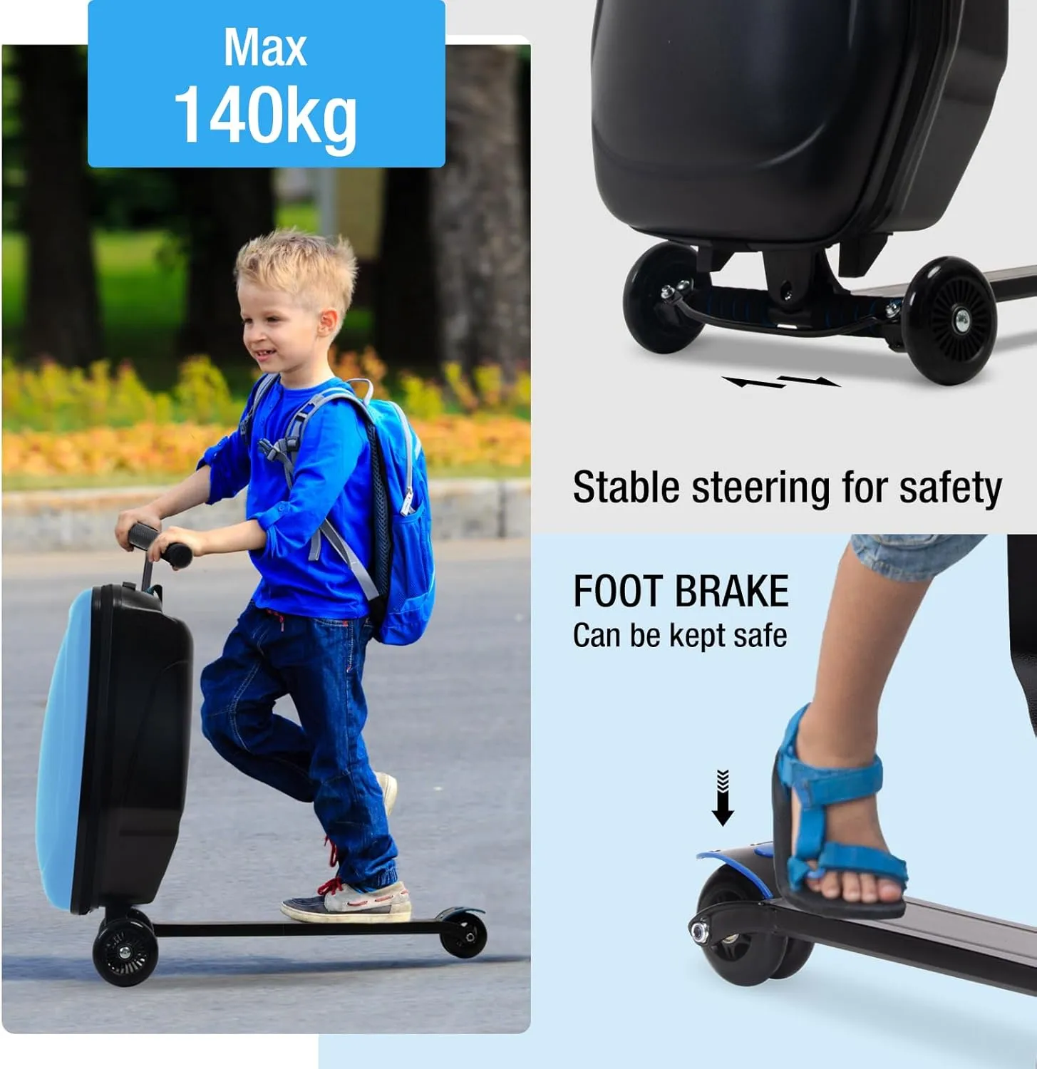 Scooter Luggage for Kids and Adults,Carry On Foldable Suitcase with Wheels,Multifunctional Ride On Trolley Scooter Case Bags (Blue)