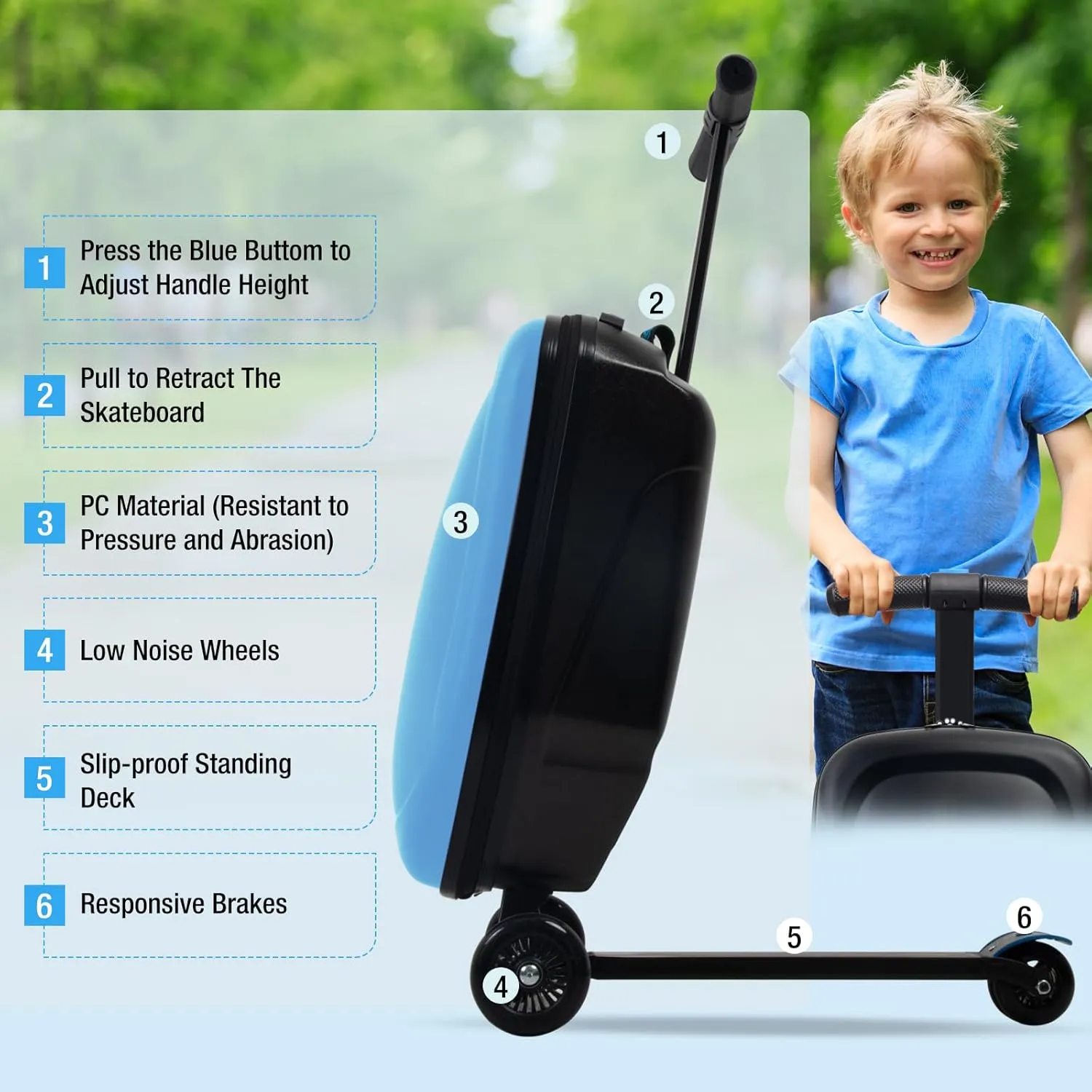 Scooter Luggage for Kids and Adults,Carry On Foldable Suitcase with Wheels,Multifunctional Ride On Trolley Scooter Case Bags (Blue)