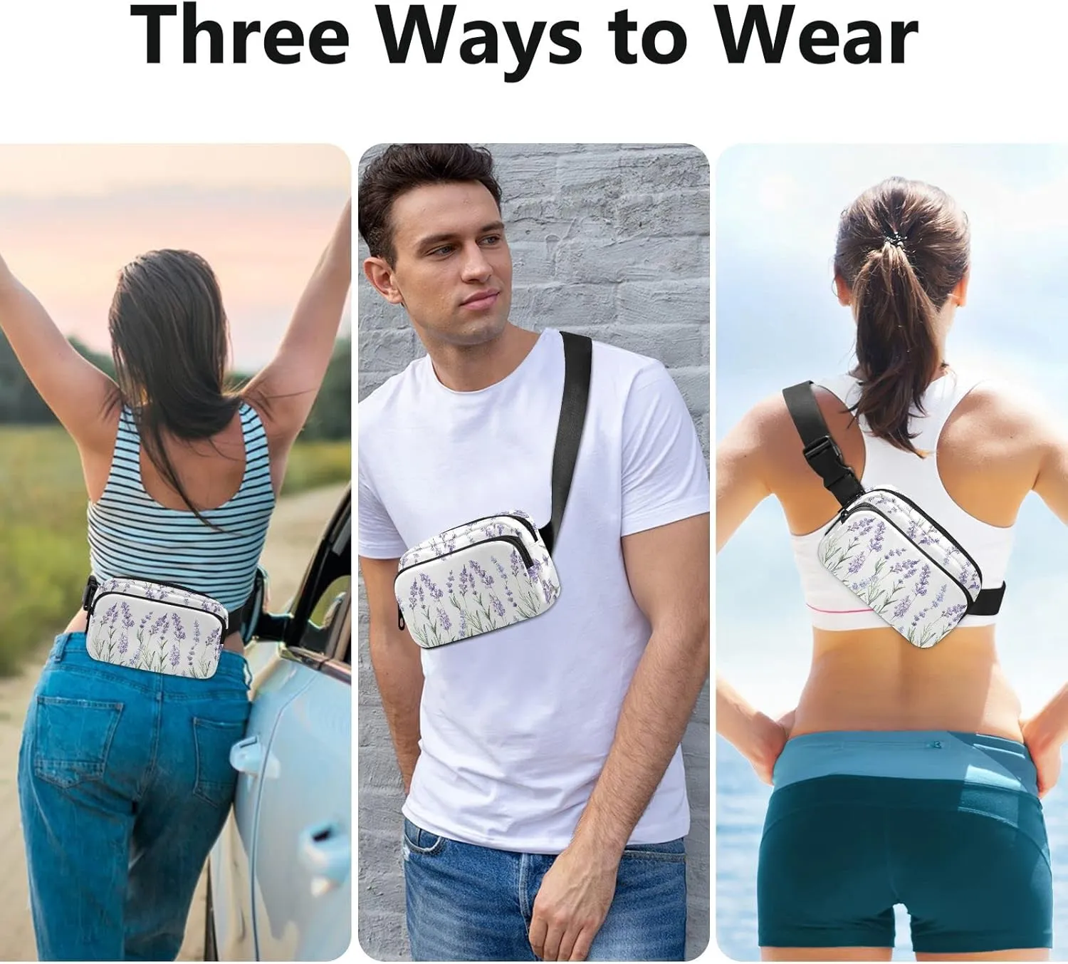 Seamless Watercolor Purple Lavender Flower with Green Leaves Adjustable Belt Running Bag, Crossbody Fanny Pack Waist Runners Bag Tote for Women Men Sports Hiking Fitness Exercise Gym Pouch