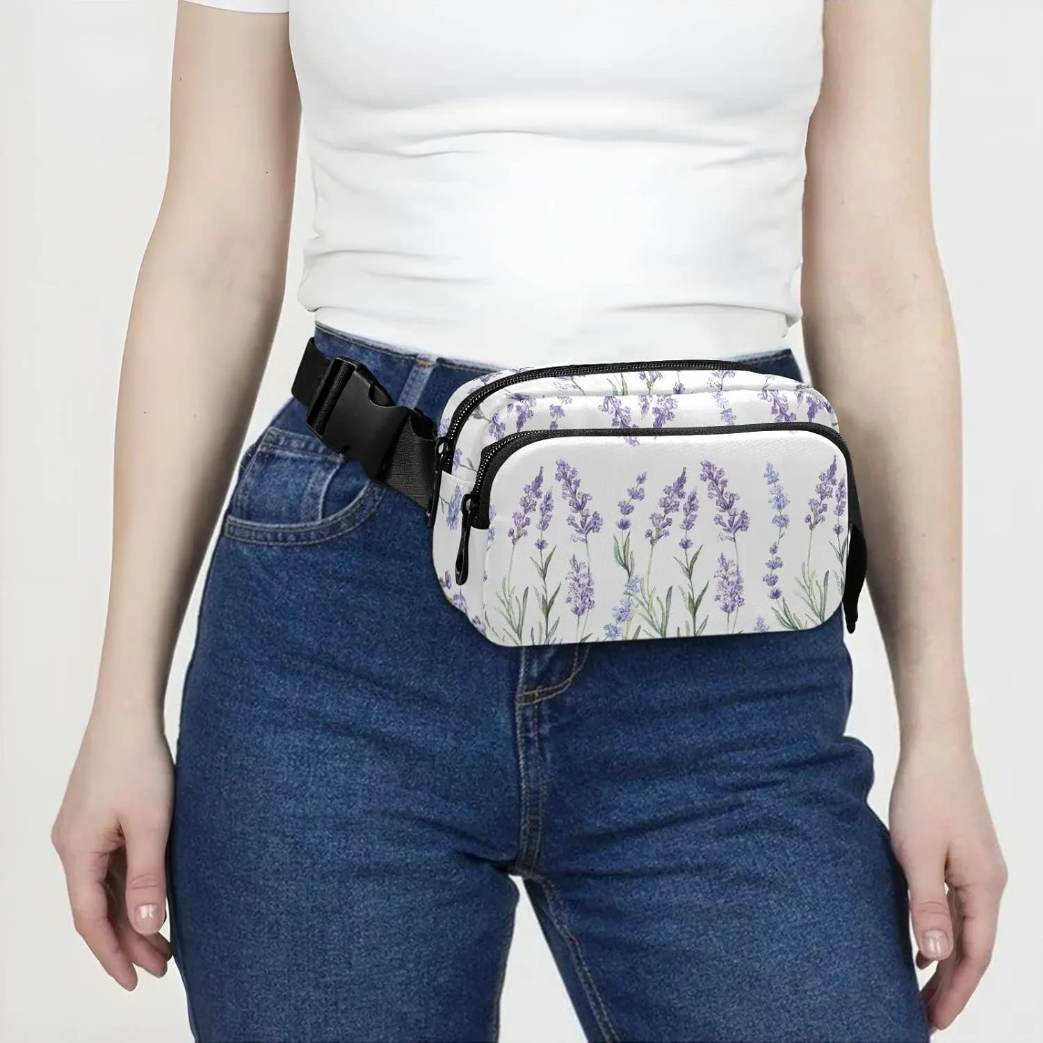 Seamless Watercolor Purple Lavender Flower with Green Leaves Adjustable Belt Running Bag, Crossbody Fanny Pack Waist Runners Bag Tote for Women Men Sports Hiking Fitness Exercise Gym Pouch