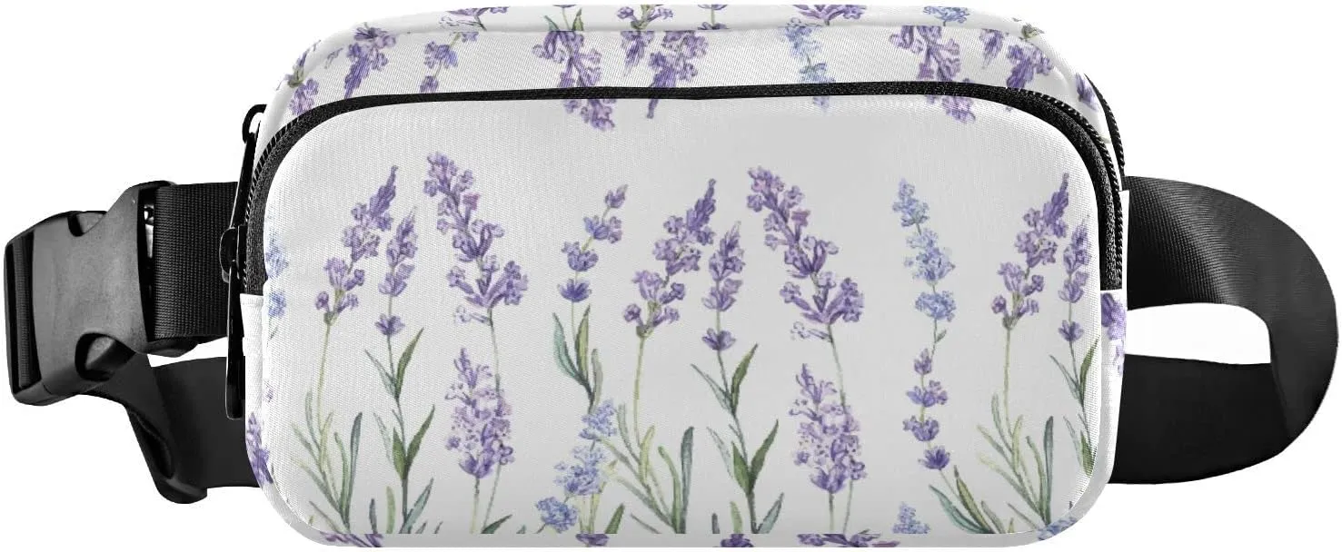 Seamless Watercolor Purple Lavender Flower with Green Leaves Adjustable Belt Running Bag, Crossbody Fanny Pack Waist Runners Bag Tote for Women Men Sports Hiking Fitness Exercise Gym Pouch