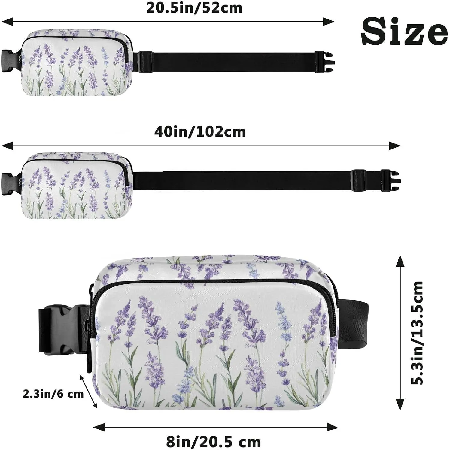 Seamless Watercolor Purple Lavender Flower with Green Leaves Adjustable Belt Running Bag, Crossbody Fanny Pack Waist Runners Bag Tote for Women Men Sports Hiking Fitness Exercise Gym Pouch