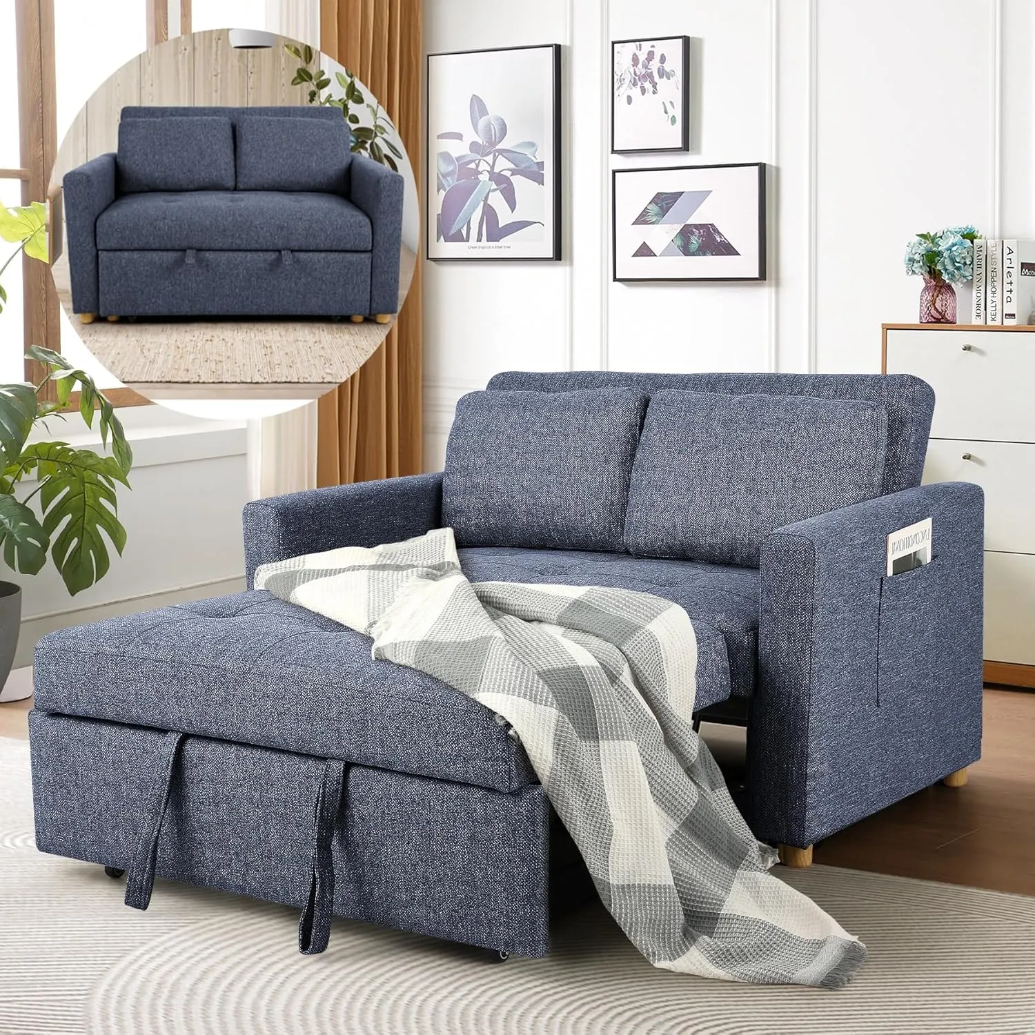 SEJOV Convertible Sofa Bed, 3-in-1 Sleeper Sofa Pull Out Couch Bed, 2-Seater Linen Fabric Loveseat Futon with Spring Support, Adjustable Backrest for Small Spaces, Living Room, Navy Blue