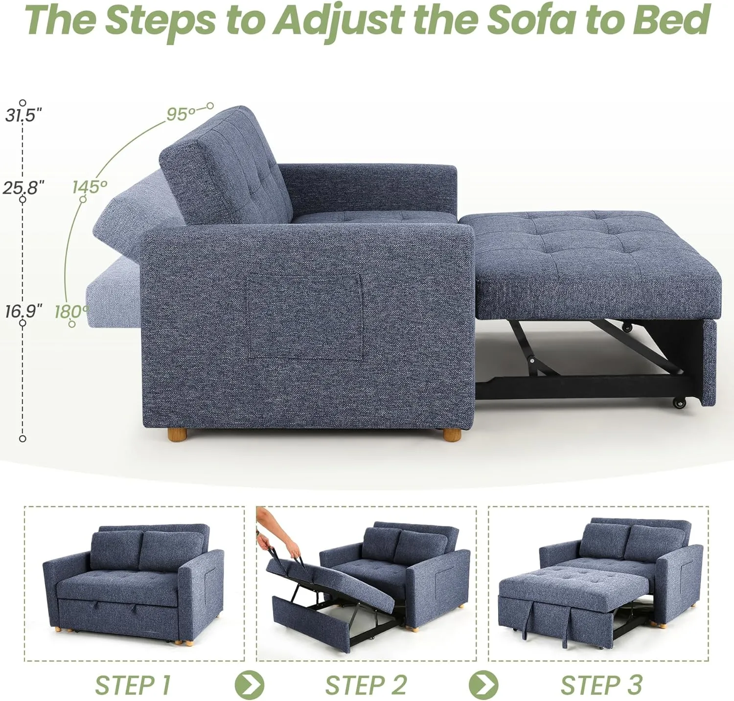SEJOV Convertible Sofa Bed, 3-in-1 Sleeper Sofa Pull Out Couch Bed, 2-Seater Linen Fabric Loveseat Futon with Spring Support, Adjustable Backrest for Small Spaces, Living Room, Navy Blue