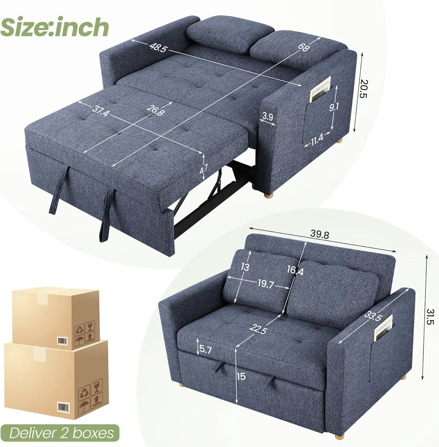 SEJOV Convertible Sofa Bed, 3-in-1 Sleeper Sofa Pull Out Couch Bed, 2-Seater Linen Fabric Loveseat Futon with Spring Support, Adjustable Backrest for Small Spaces, Living Room, Navy Blue