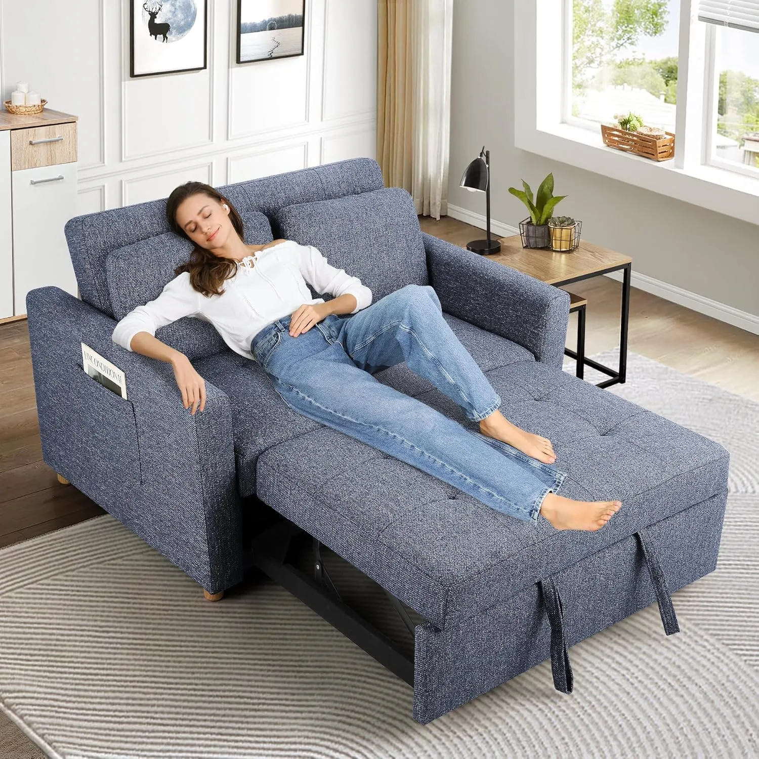 SEJOV Convertible Sofa Bed, 3-in-1 Sleeper Sofa Pull Out Couch Bed, 2-Seater Linen Fabric Loveseat Futon with Spring Support, Adjustable Backrest for Small Spaces, Living Room, Navy Blue