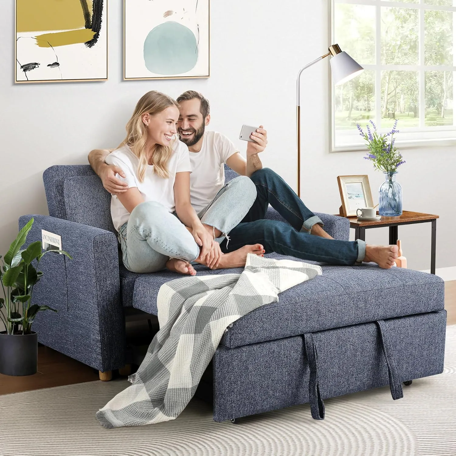 SEJOV Convertible Sofa Bed, 3-in-1 Sleeper Sofa Pull Out Couch Bed, 2-Seater Linen Fabric Loveseat Futon with Spring Support, Adjustable Backrest for Small Spaces, Living Room, Navy Blue