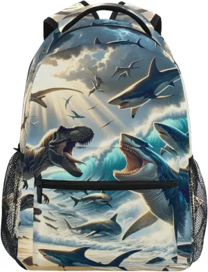 senya Dinosaur Shark Battle Backpack Water-Resistant Lightweight Bookbags Travel Bag with Mesh Side Pockets