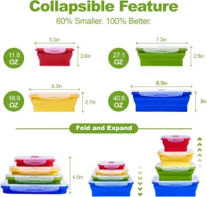 Set of 4 Collapsible Silicone Food Storage Container, Leftover Meal box For Kitchen, Bento Lunch Boxes, BPA Free, Microwave, Dishwasher and Freezer Safe. Foldable Design Saves Your Space.