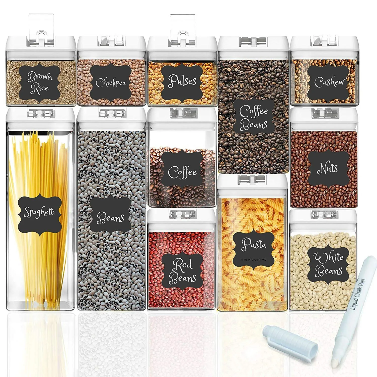 Shazo Airtight Container Set for Food Storage - 12 PC Set   14 Measuring Spoons   18 Labels & Marker - Strong Heavy Duty Plastic - BPA Free - Airtight Storage Clear Plastic w/White Interchangeable
