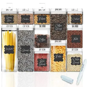 Shazo Airtight Container Set for Food Storage - 12 PC Set   14 Measuring Spoons   18 Labels & Marker - Strong Heavy Duty Plastic - BPA Free - Airtight Storage Clear Plastic w/White Interchangeable
