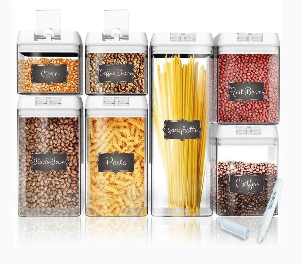 Shazo Airtight Container Set for Food Storage - 7 Piece Set   14 Measuring Spoons   18 Labels & Marker - Strong Heavy Duty Plastic - BPA Free - Airtight Storage Clear Plastic w/White Interchangeable