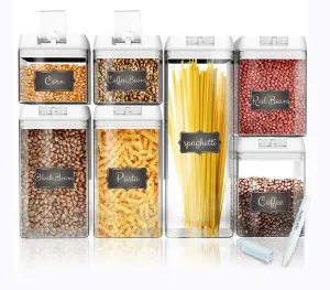 Shazo Airtight Container Set for Food Storage - 7 Piece Set   14 Measuring Spoons   18 Labels & Marker - Strong Heavy Duty Plastic - BPA Free - Airtight Storage Clear Plastic w/White Interchangeable