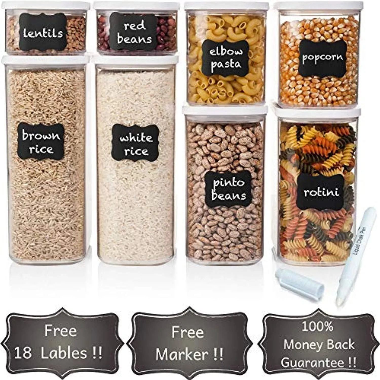 Shazo Airtight Container Set for Food Storage - 8 Piece Set   FREE 18 Chalkboard Labels - Strong Heavy Duty Plastic - BPA Free - Modular Design Storage - Clear Plastic w/Visual Window Easy Lock Lids