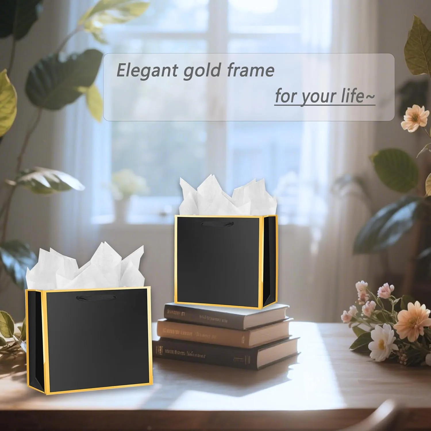 SHIPKEY 10 Pcs Black Gift Bags with Gold Frame and Tissue Paper, 8.7x3.9x7.1 Inches Luxury Kraft Paper Bags with Handles, Bulk Gift Bag for Men, Groomsmen, Party, Wedding (22x10x18 cm)