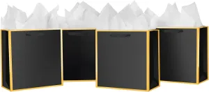 SHIPKEY 10 Pcs Black Gift Bags with Gold Frame and Tissue Paper, 8.7x3.9x7.1 Inches Luxury Kraft Paper Bags with Handles, Bulk Gift Bag for Men, Groomsmen, Party, Wedding (22x10x18 cm)