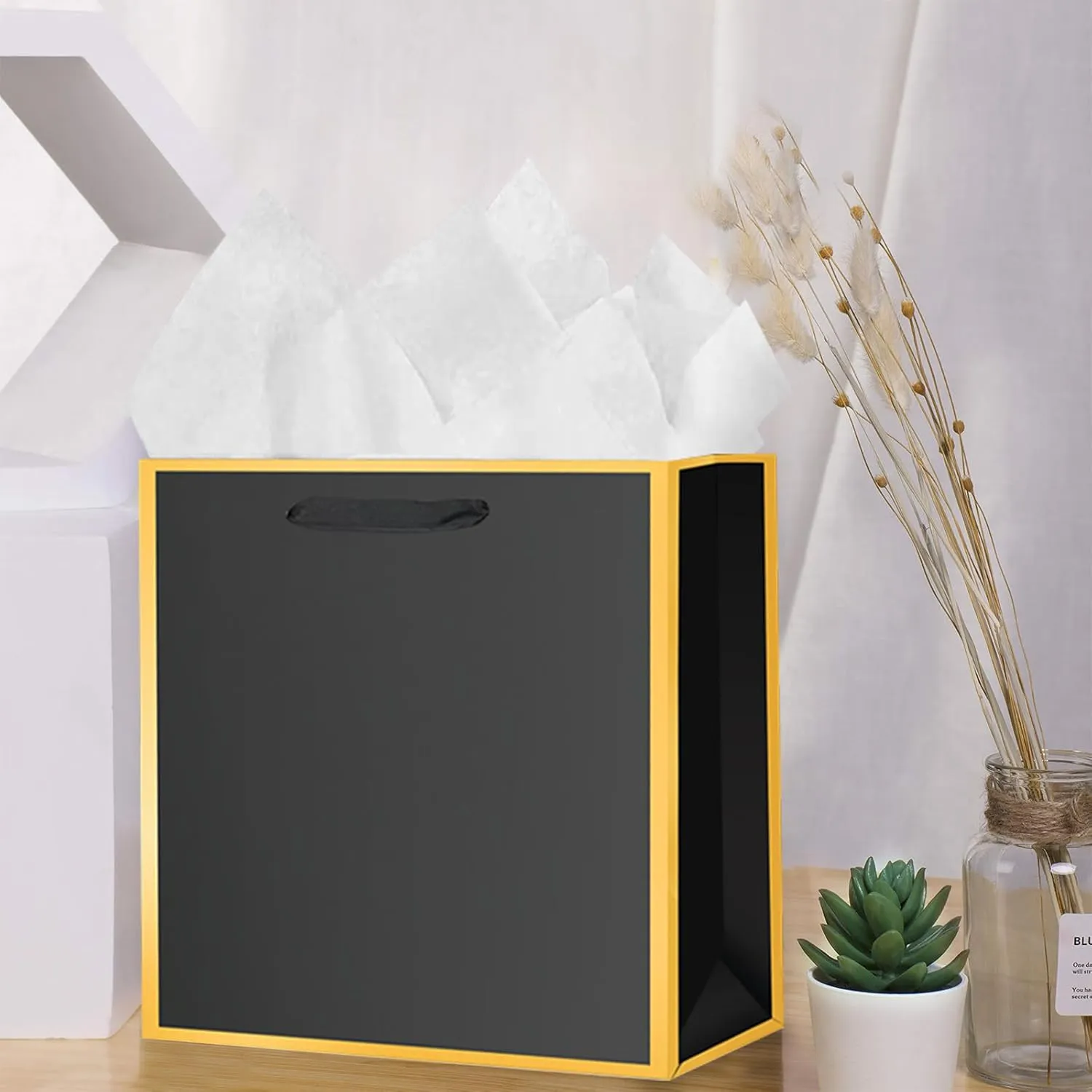 SHIPKEY 10 Pcs Black Gift Bags with Gold Frame and Tissue Paper, 8.7x3.9x7.1 Inches Luxury Kraft Paper Bags with Handles, Bulk Gift Bag for Men, Groomsmen, Party, Wedding (22x10x18 cm)