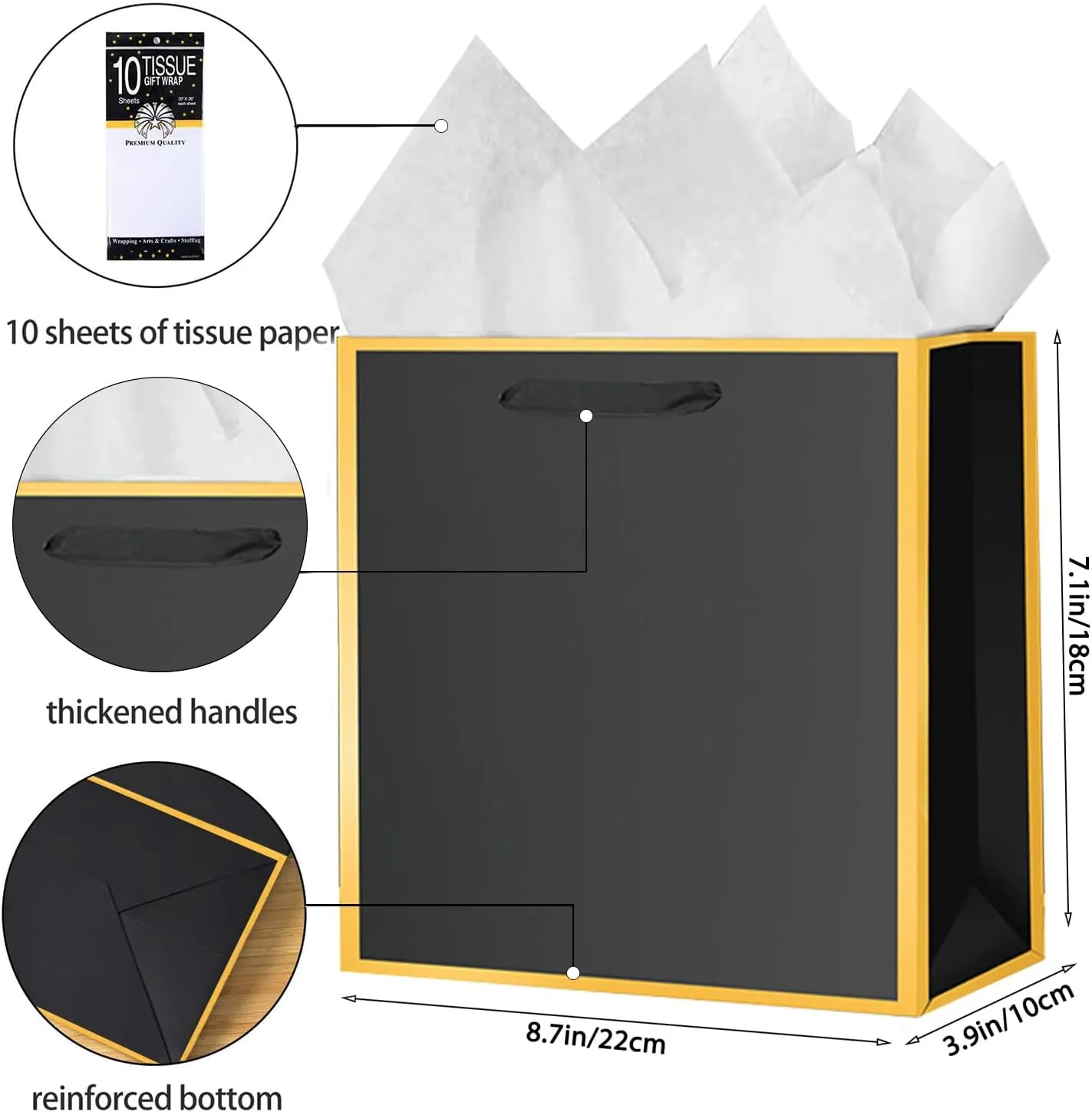 SHIPKEY 10 Pcs Black Gift Bags with Gold Frame and Tissue Paper, 8.7x3.9x7.1 Inches Luxury Kraft Paper Bags with Handles, Bulk Gift Bag for Men, Groomsmen, Party, Wedding (22x10x18 cm)