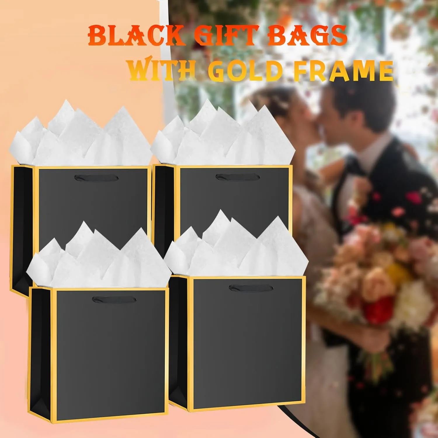 SHIPKEY 10 Pcs Black Gift Bags with Gold Frame and Tissue Paper, 8.7x3.9x7.1 Inches Luxury Kraft Paper Bags with Handles, Bulk Gift Bag for Men, Groomsmen, Party, Wedding (22x10x18 cm)