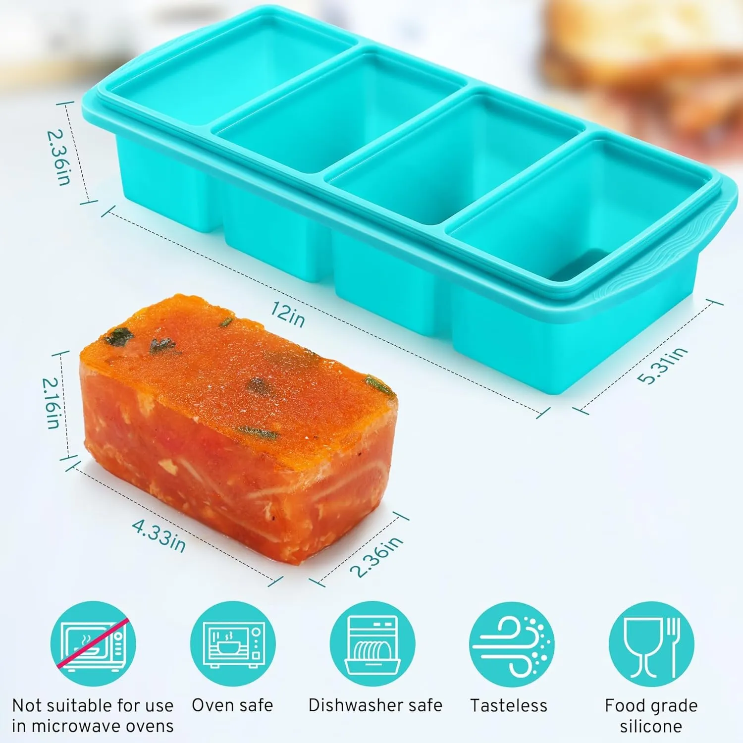 Silicone Freezer Tray with Lid - 1 Cup Silicone Food Freezer Tray - Large Ice Cube Freezer Molds - Soup, Sauce, leftovers, Homemade Meal Prep Freezing Kitchen Storage Containers - Aqua - 2-Pack