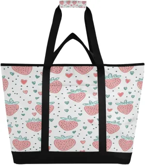 Simple Strawberry Print Reusable Insulated Lunchbox Cooler Bag, Leakproof Kitchen Grocery Bag Collapsible Portable Cooler Tote Bag for Picnic, Camping, Office, Travel