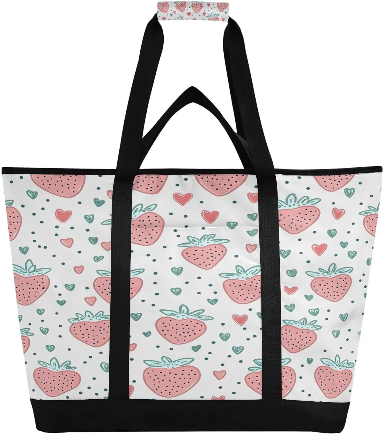 Simple Strawberry Print Reusable Insulated Lunchbox Cooler Bag, Leakproof Kitchen Grocery Bag Collapsible Portable Cooler Tote Bag for Picnic, Camping, Office, Travel