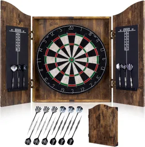 Sisal Dart Board Cabinet Sets, Decorative Dart Boards for Adults [12*Steel Darts] - Wooden Dartboard Cabinet with Integrated Scoreboard for Family Game Rooms