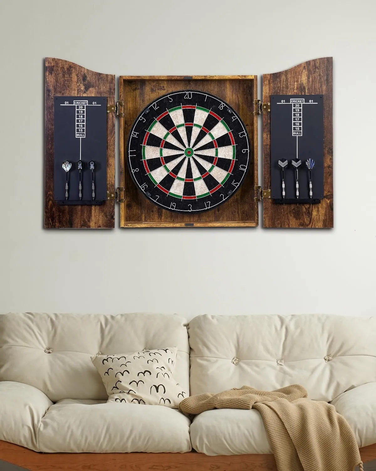 Sisal Dart Board Cabinet Sets, Decorative Dart Boards for Adults [12*Steel Darts] - Wooden Dartboard Cabinet with Integrated Scoreboard for Family Game Rooms