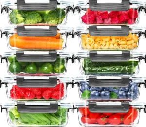 Skroam 10 Pack Glass Meal Prep Containers With Airtight Lids - 22 OZ Food Storage for Lunch, Kitchen, Pantry - Glass Bento Boxes