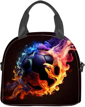 Soccer ball colorful flame Conceptual champion goal powerful game Insulated Adult Lunch Bag with Shoulder Strap for Women Lightweight Reusable Portable Freezable Lunch Tote Bag for Work Picnic