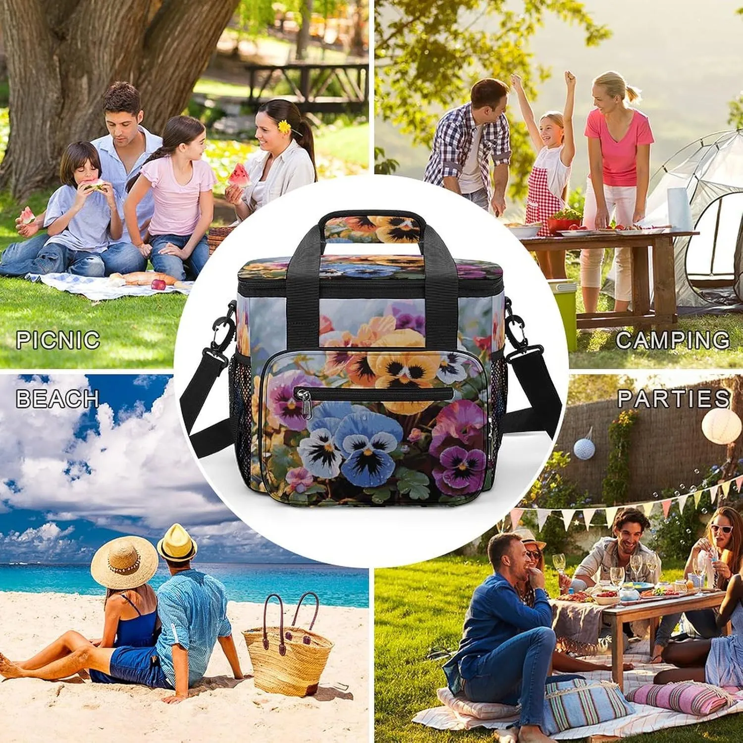 Soft Cooler Bag, 22L Collapsible Beach Cooler Bag,Flowers Birds and Butterfly Printed Portable Ice Chest Leakproof Travel Cooler for Picnic, Outdoor Trip