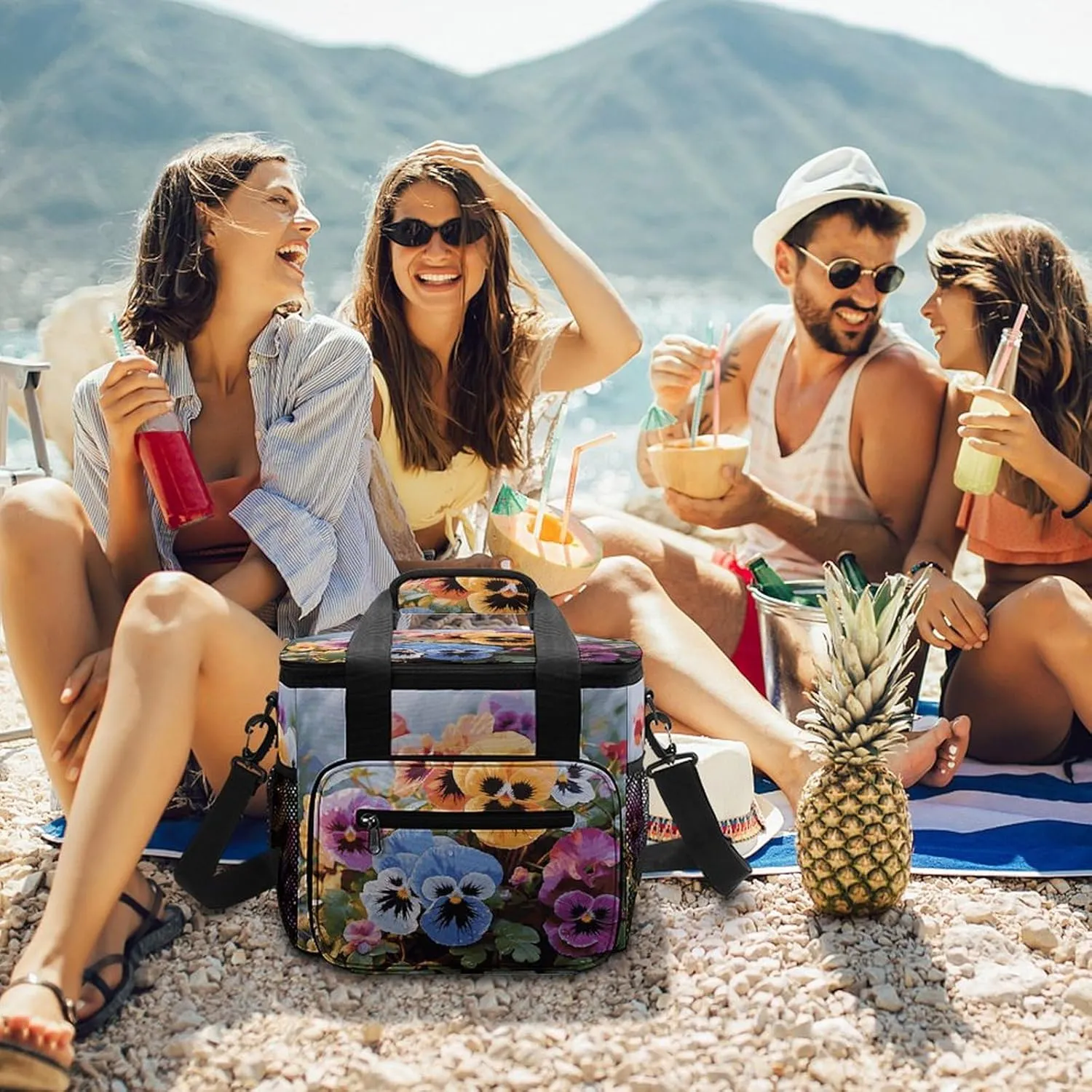 Soft Cooler Bag, 22L Collapsible Beach Cooler Bag,Flowers Birds and Butterfly Printed Portable Ice Chest Leakproof Travel Cooler for Picnic, Outdoor Trip