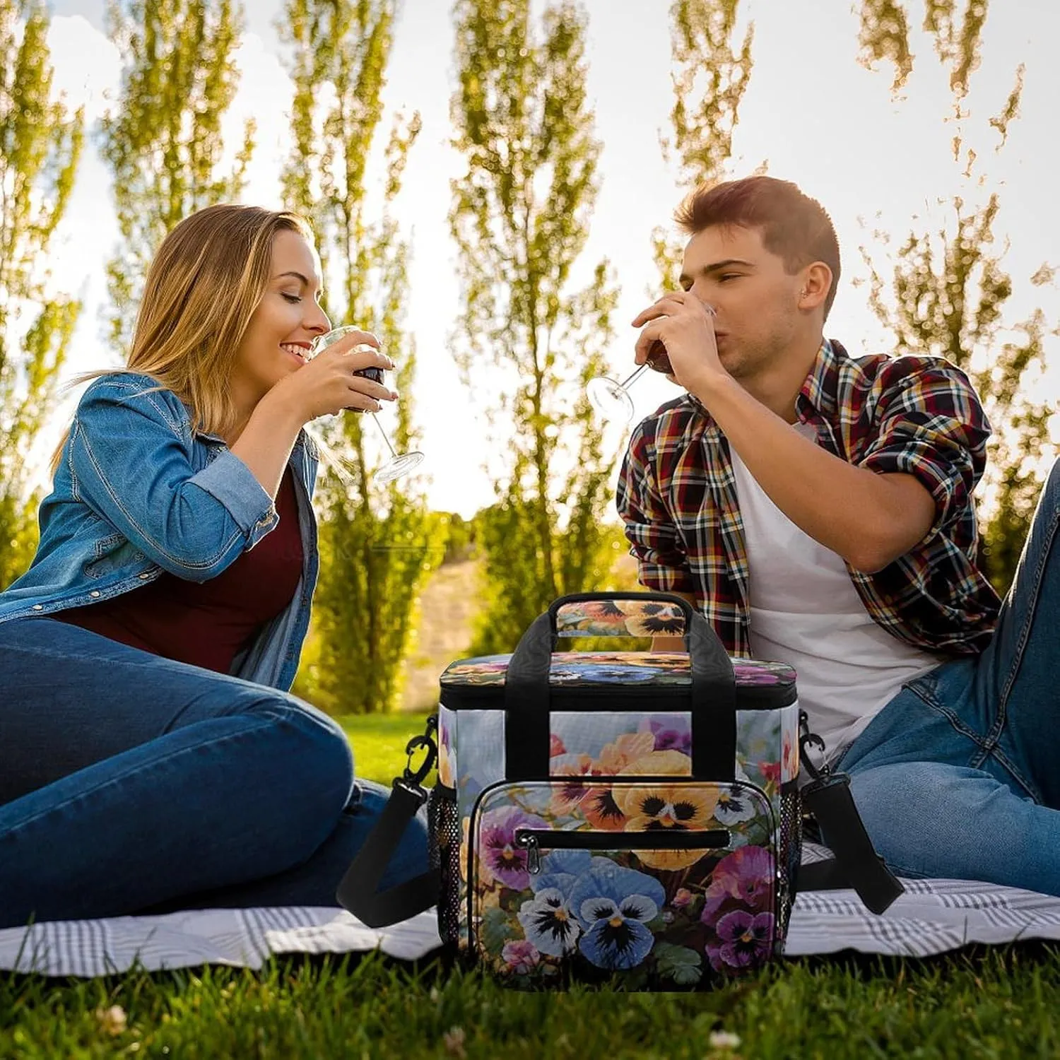 Soft Cooler Bag, 22L Collapsible Beach Cooler Bag,Flowers Birds and Butterfly Printed Portable Ice Chest Leakproof Travel Cooler for Picnic, Outdoor Trip