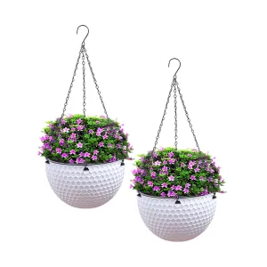 SOGA 2X White Small Hanging Resin Flower Pot Self Watering Basket Planter Indoor Outdoor Garden Decor