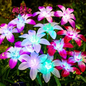 Solar Garden Lights Outdoor, 4 Pack Blooming Lily Solar Flowers Outdoor Waterproof, 7 Color Changing Bigger Flower Lights for Yard Patio Decor, Gift for Mom