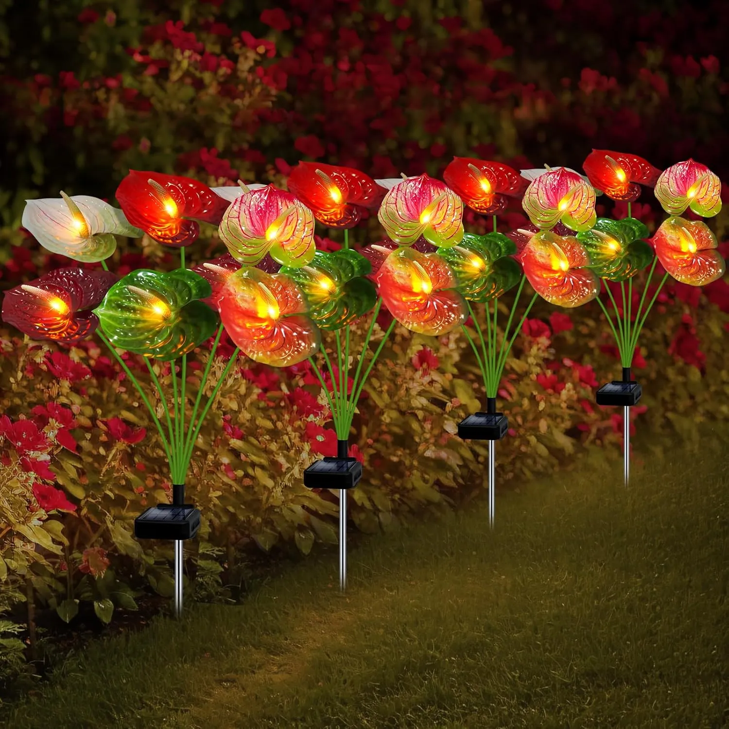 Solar Lights Outdoor,4 Packs Solar Garden Flower Lights with Anthurium Plant Lights,Garden Birthday Gifts for Women,Waterproof Solar Stakes Lights for Outside Yard Patio Lawn Decoration