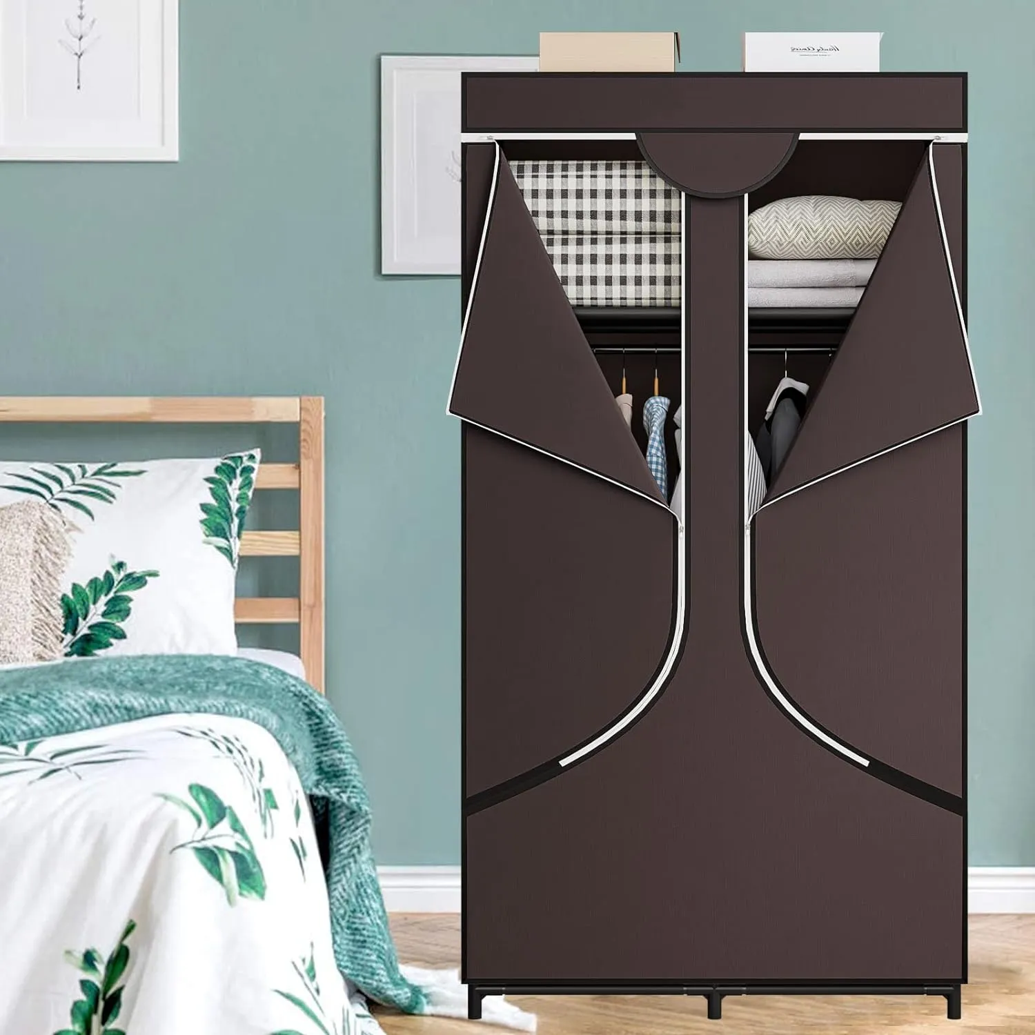 SORCEDAS Portable Wardrobe Closet Storage Organizer Metal Hanging Rack Non-Woven Fabric 34 Inch Coffee (34 Inch, Coffee)