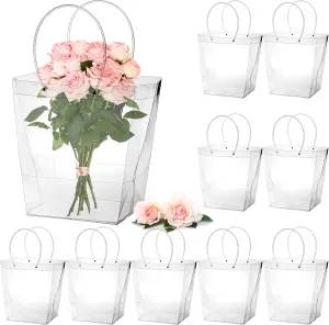 SOUJOY 10 Pack Clear Flower Bouquet Bags, Extra Large Gift Bags with Long Handles, 13''L x 8.2''W x 13.8''H Party Floral Packing Wrap Bag for Birthdays, Mother's Day, Wedding, Anniversary