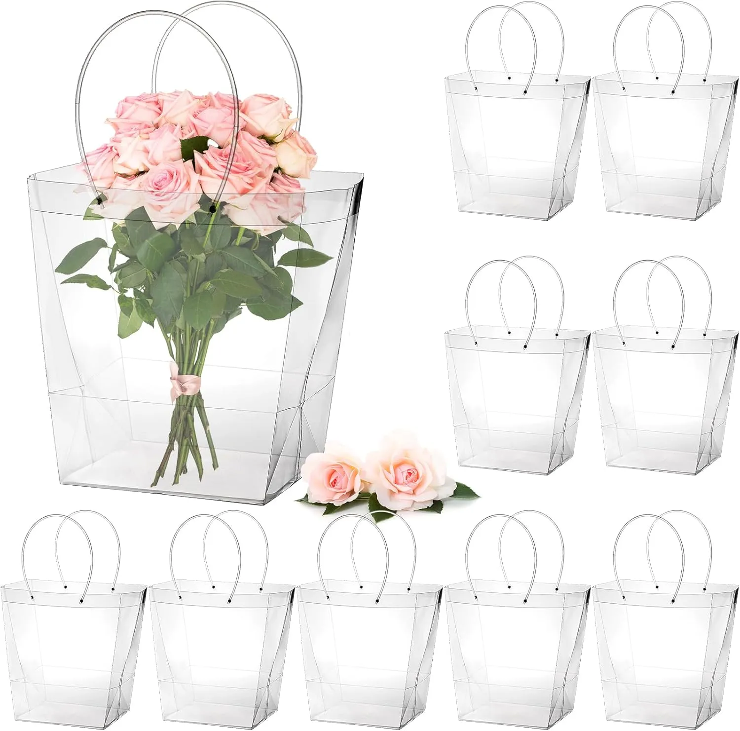 SOUJOY 10 Pack Clear Flower Bouquet Bags, Extra Large Gift Bags with Long Handles, 13''L x 8.2''W x 13.8''H Party Floral Packing Wrap Bag for Birthdays, Mother's Day, Wedding, Anniversary
