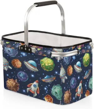 Spacecraft Collapsible Market Basket Large Picnic Basket Sturdy Aluminum Frame Foldable Shopping Tote Reusable Travel Camping Grocery Storage Bags