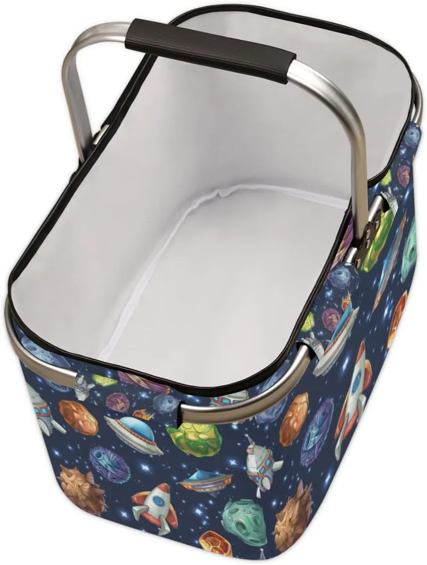 Spacecraft Collapsible Market Basket Large Picnic Basket Sturdy Aluminum Frame Foldable Shopping Tote Reusable Travel Camping Grocery Storage Bags