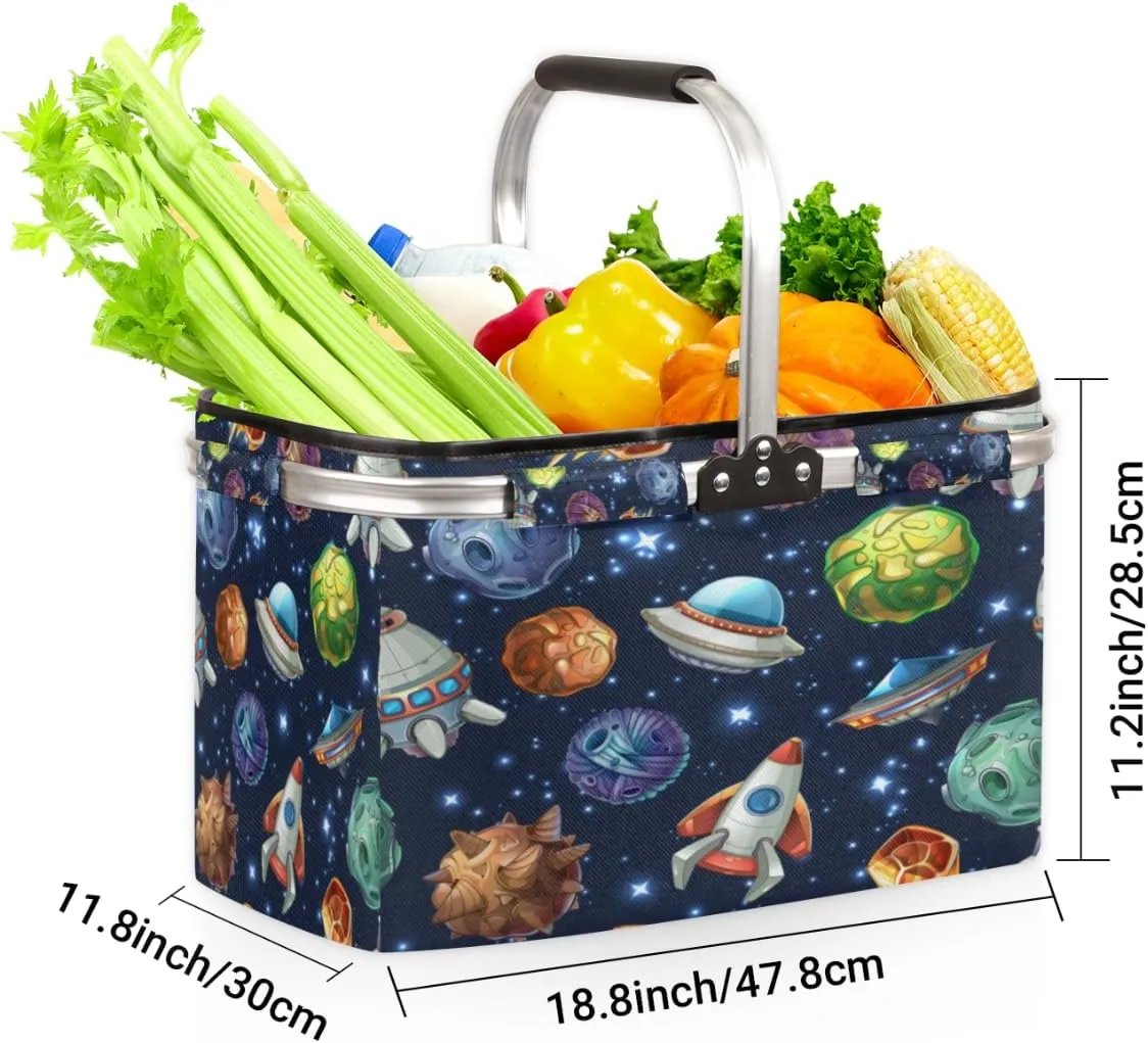 Spacecraft Collapsible Market Basket Large Picnic Basket Sturdy Aluminum Frame Foldable Shopping Tote Reusable Travel Camping Grocery Storage Bags
