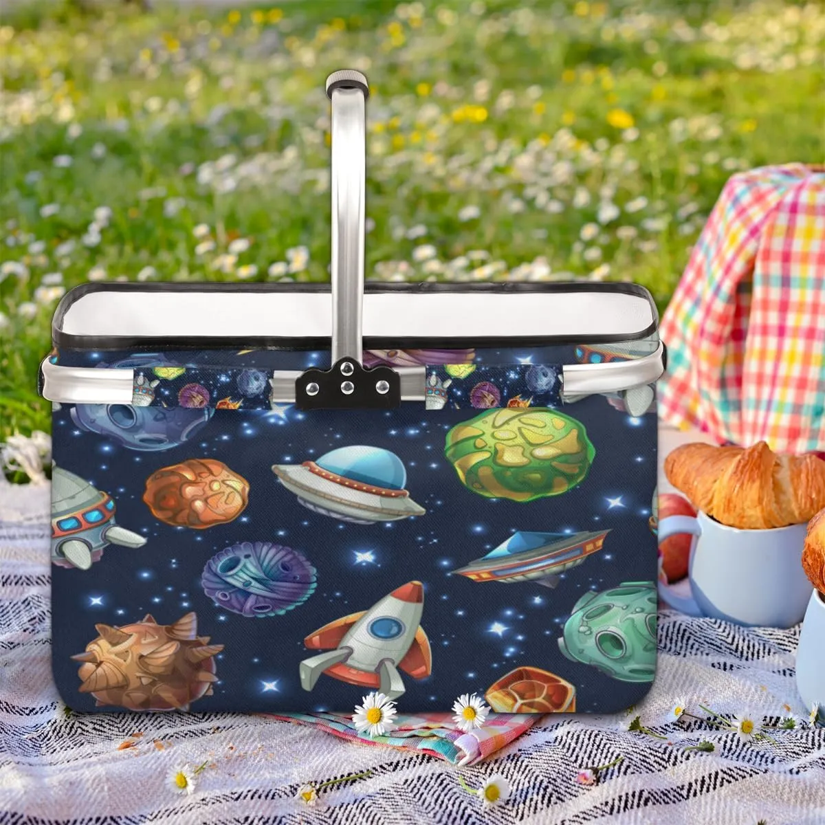 Spacecraft Collapsible Market Basket Large Picnic Basket Sturdy Aluminum Frame Foldable Shopping Tote Reusable Travel Camping Grocery Storage Bags